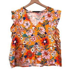MARC NEW YORK Linen Top Size L Cropped‎ Retro Floral Summer Beach Ruffle Orange